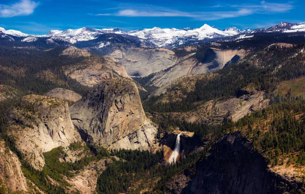 Картинка деревья, горы, водопад, США, Марипоса, Клифорния