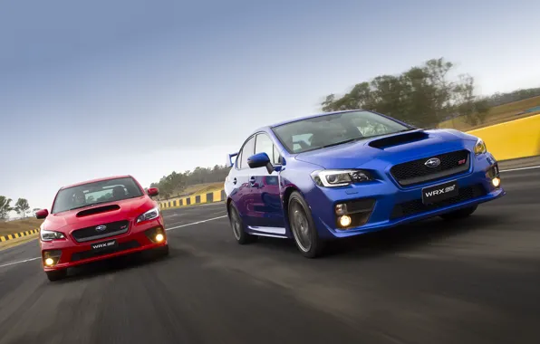 Дорога, движение, две, Subaru, WRX, красная, синяя