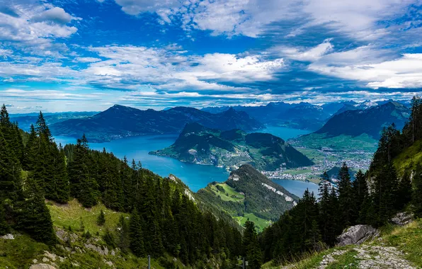 Лес, небо, облака, деревья, горы, озеро, панорама, Switzerland