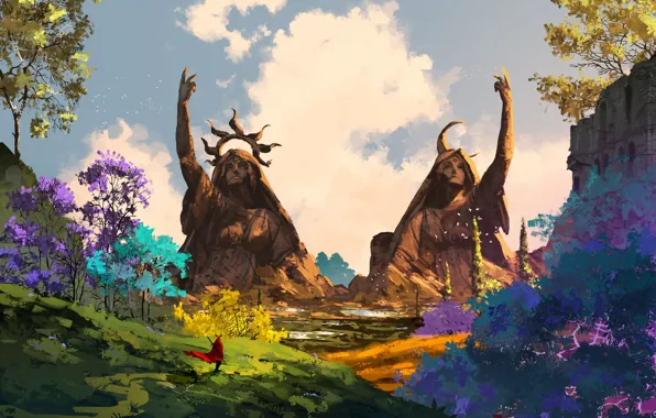 Картинка colorful, sword, fantasy, sky, trees, weapon, crown, clouds