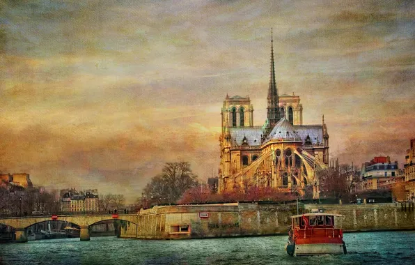 Картинка река, Франция, Париж, корабль, Сена, холст, Собор Парижской Богоматери