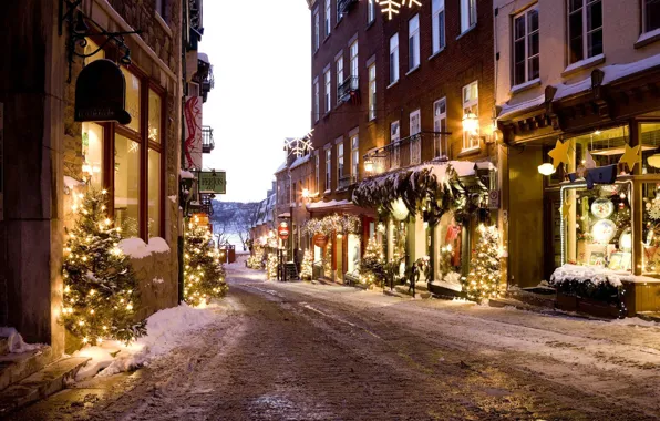 Lights, City, holidays, Christmas, winter, snow, street, houses