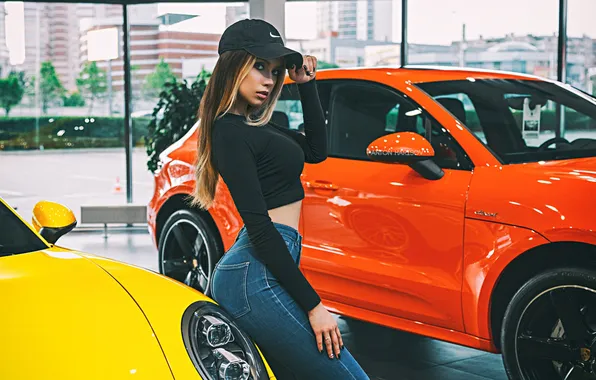 Car, girl, jeans, look, cute, long-haired, baseball cap