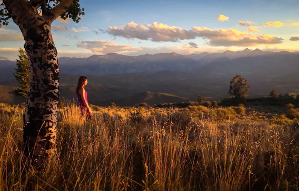 Картинка природа, горы, девушка, sunset from the top