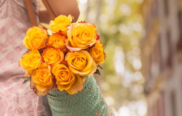 Girl, flowers, bokeh, roses, sidewalk, handbag