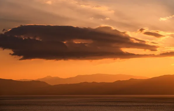 Twilight, sunset, mountains, clouds, lake, hills, dusk, silhouettes