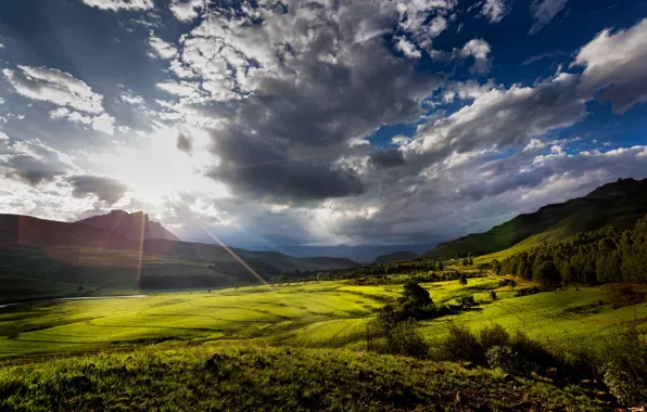 Солнце, облака, горы, долина, солнечные лучи, Южная Африка, провинция Квазулу-Натал, Kwa-Zulu Natal