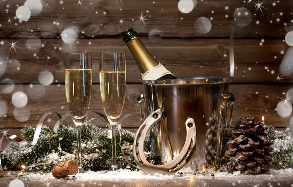 Бутылка, Новый Год, бокалы, golden, шампанское, New Year, Happy, champagne