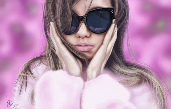 Девушка, очки, шуба, розовый фон, art, glitchgee