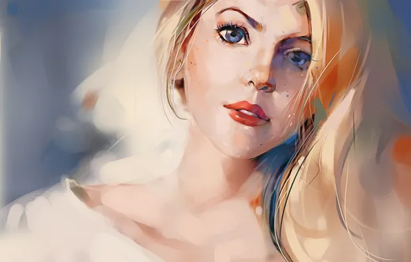Картинка взгляд, арт, блондинка, синеглазая, нарисованная девушка