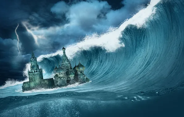 Картинка океан, волна, катастрофа, Апокалипсис, Кремль, storm, sea, ocean