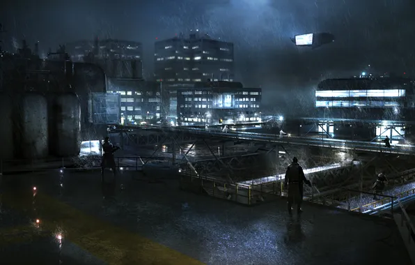 Картинка ночь, город, дождь, охрана, солдаты, Syndicate, территория