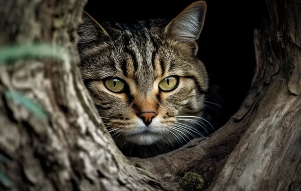 Кошка, кот, взгляд, морда, природа, поза, серый, дерево