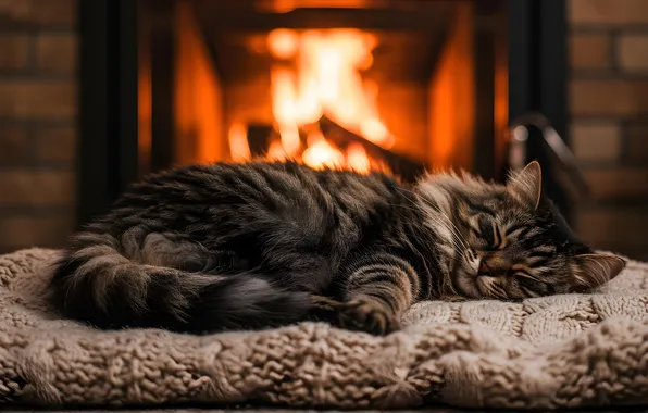 Кошка, кот, поза, серый, комната, огонь, пламя, сон
