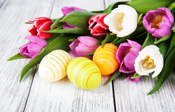 Цветы, яйца, colorful, Пасха, тюльпаны, happy, wood, pink
