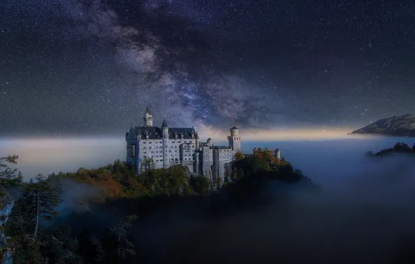 Картинка осень, небо, звезды, ночь, туман, замок, Германия, млечный путь