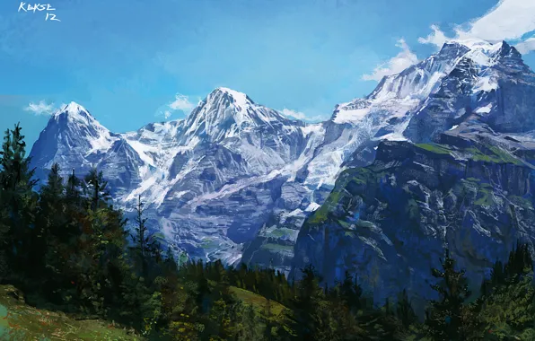 Картинка деревья, пейзаж, горы, природа, скалы, рисунок, склон, ледник