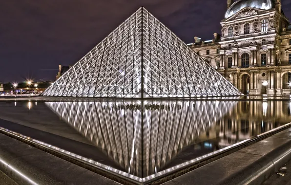 Ночь, город, Франция, Париж, Лувр, пирамида, Paris, музей