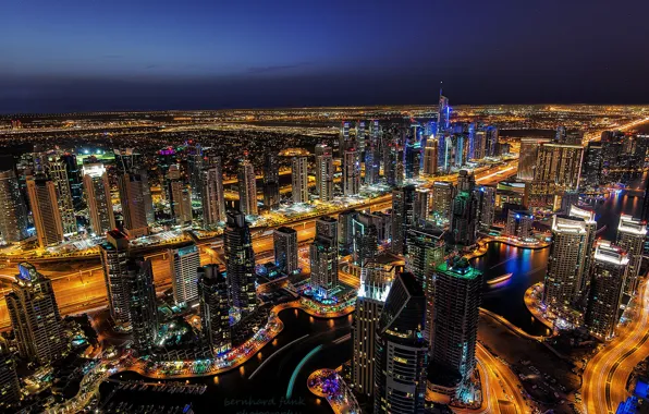 Ночь, город, огни, Дубай, Dubai Marina