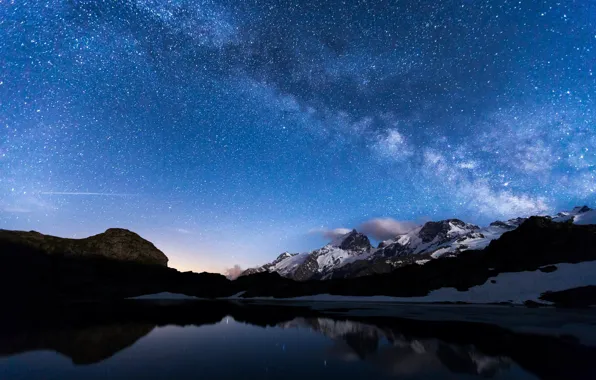 Картинка небо, звезды, горы, ночь, озеро, отражение