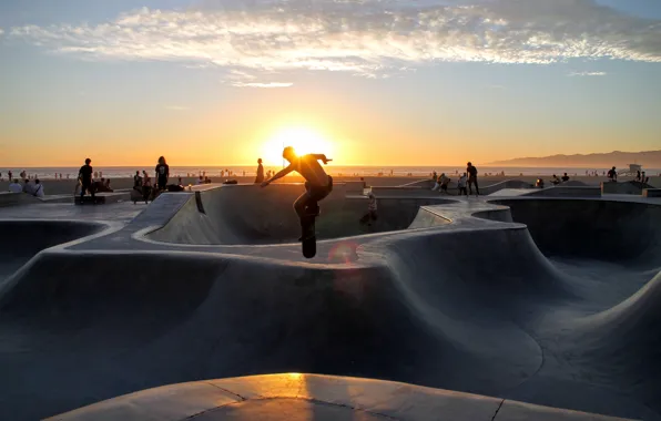Sky, sunset, park, clouds, people, skate, skateboard, curves