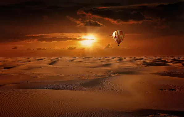 Песок, небо, солнце, облака, барханы, воздушный шар, восход, пустыня