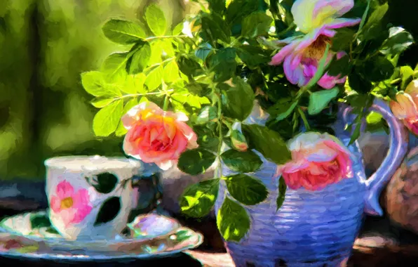 Картинка свет, розы, букет, картина, натюрморт, живопись