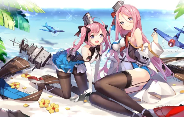 Girl, sexy, cleavage, beach, thighhighs, pink hair, long hair, dress