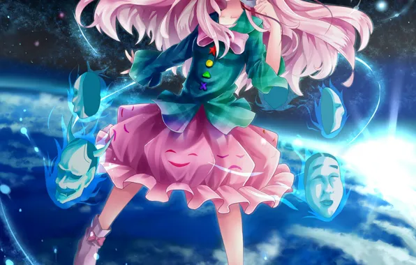 Девушка, полет, пространство, юбка, аниме, маски, длинные волосы, touhou