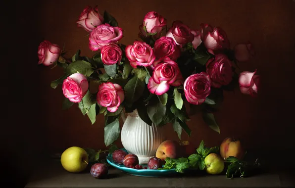 Розы, букет, фрукты, натюрморт