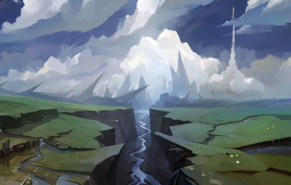 Картинка небо, облака, пейзаж, горы, река, скалы, арт