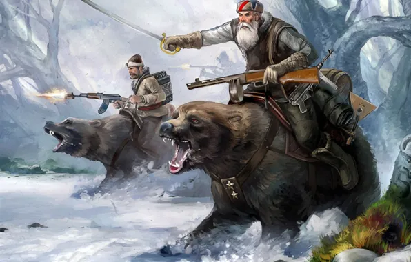Sword, forest, soldiers, trees, winter, snow, bears, musical instrument
