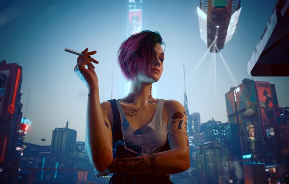 Картинка smoking, cyberpunk, tattoo, Cyberpunk 2077, CGI, cigarettes, video games, video game girls