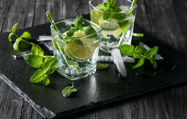 Лимон, лёд, стаканы, мята, cocktail, Mojito