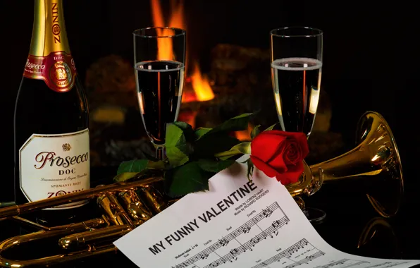 Ноты, роза, бутылка, труба, шампанское, День Святого Валентина, фужеры