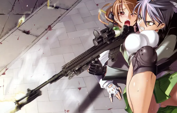 Грудь, винтовка, highschool of the dead, Такаси Комуро, Рэй Миямото, школа мертвецов