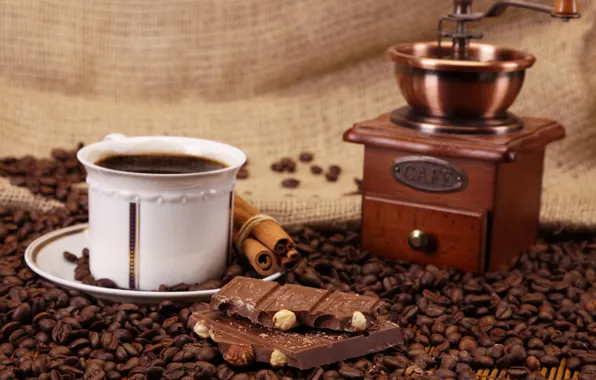 Картинка кофе, шоколад, зерна, чашка, орехи, корица, сладкое, кофемолка