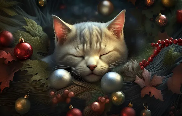 Кошка, листья, шарики, свет, ветки, поза, котенок, серый