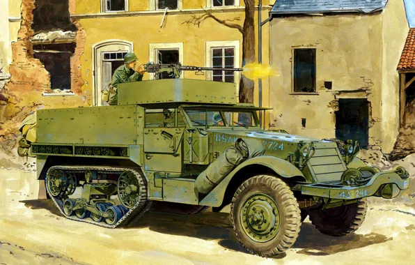 War, art, painting, ww2, M3 Half-track