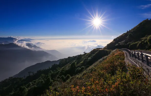 Картинка дорога, закат, горы, Тайвань, Taiwan, Central Mountain Range, Mount Hehuan, Kunyang
