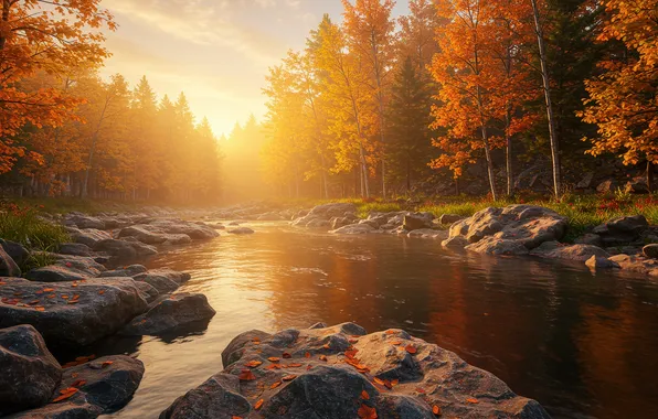 Осень, деревья, закат, камни, wallpaper, речка, river, trees