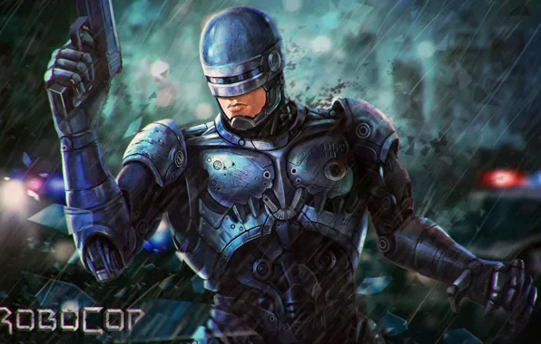 Пистолет, фантастика, робот, арт, шлем, броня, Робот-полицейский, RoboCop