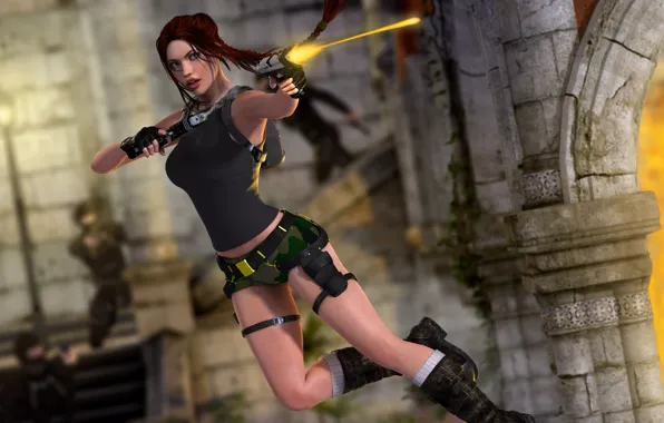 Картинка девушка, рендеринг, прыжок, пистолеты, выстрел, Tomb Raider, руины, Lara Croft