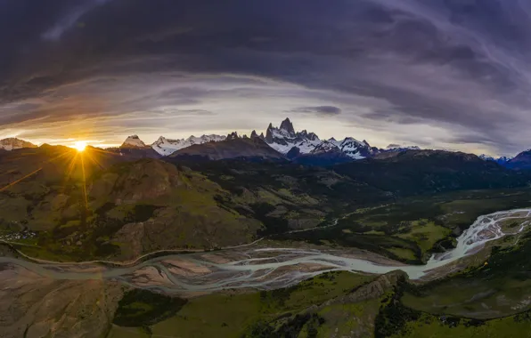 Картинка солнце, лучи, пейзаж, закат, горы, природа, река, Аргентина