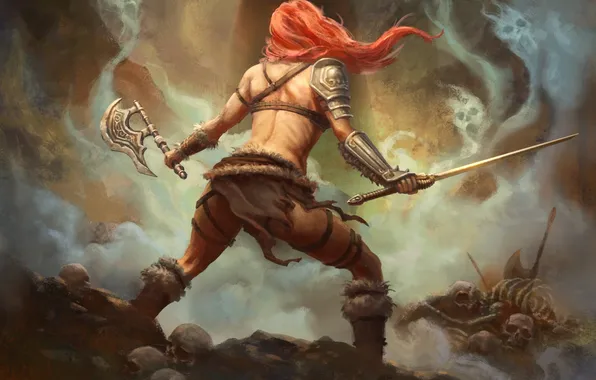 Картинка девушка, оружие, арт, кости, рыжая, души, Diablo 3, спиной