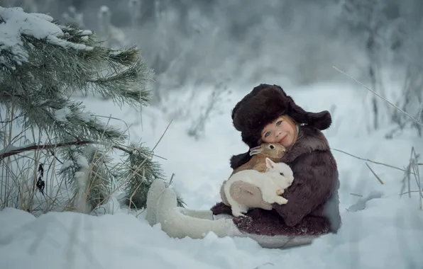 Картинка зима, снег, шапка, девочка, кролики, ушанка, друзья, шубка