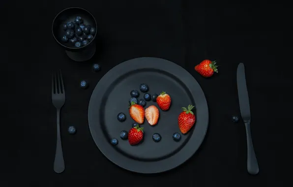 Ягоды, еда, черника, клубника, тарелка, нож, фрукты, вилка