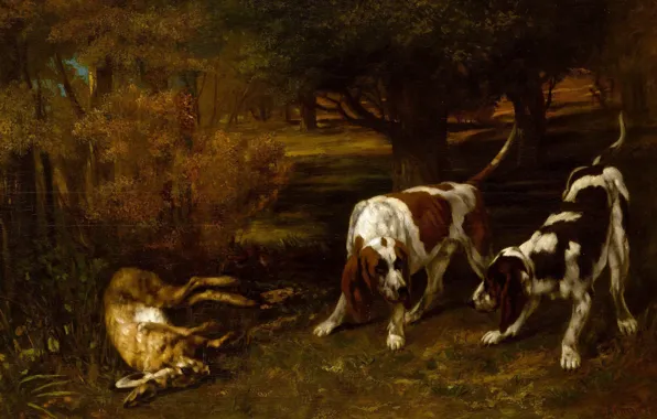 Животные, картина, Gustave Courbet, Гюстав Курбе, Охотничьи Собаки с Мертвым Зайцем