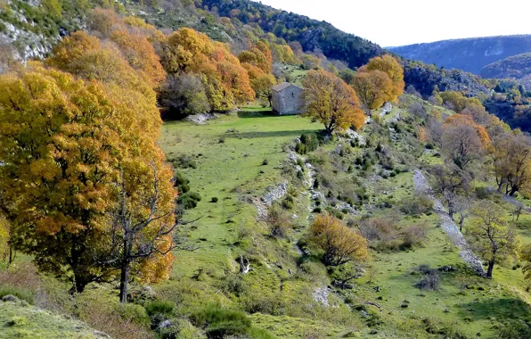 Осень, деревья, горы, дом, Франция, Прованс-Альпы-Лазурный берег, Курсегуль