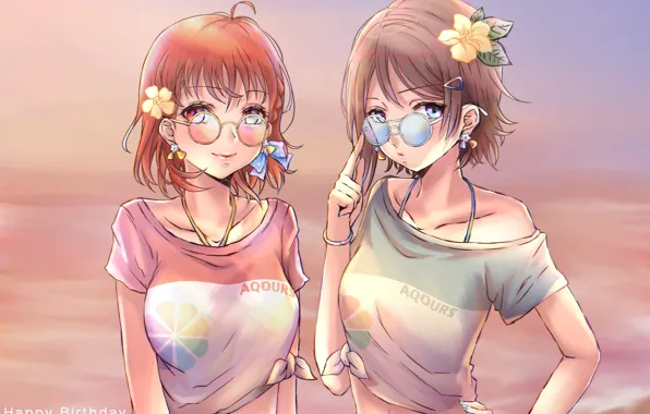 Цветы, Девушки, Очки, Серьги, Love Live School Idol Project, Футболки